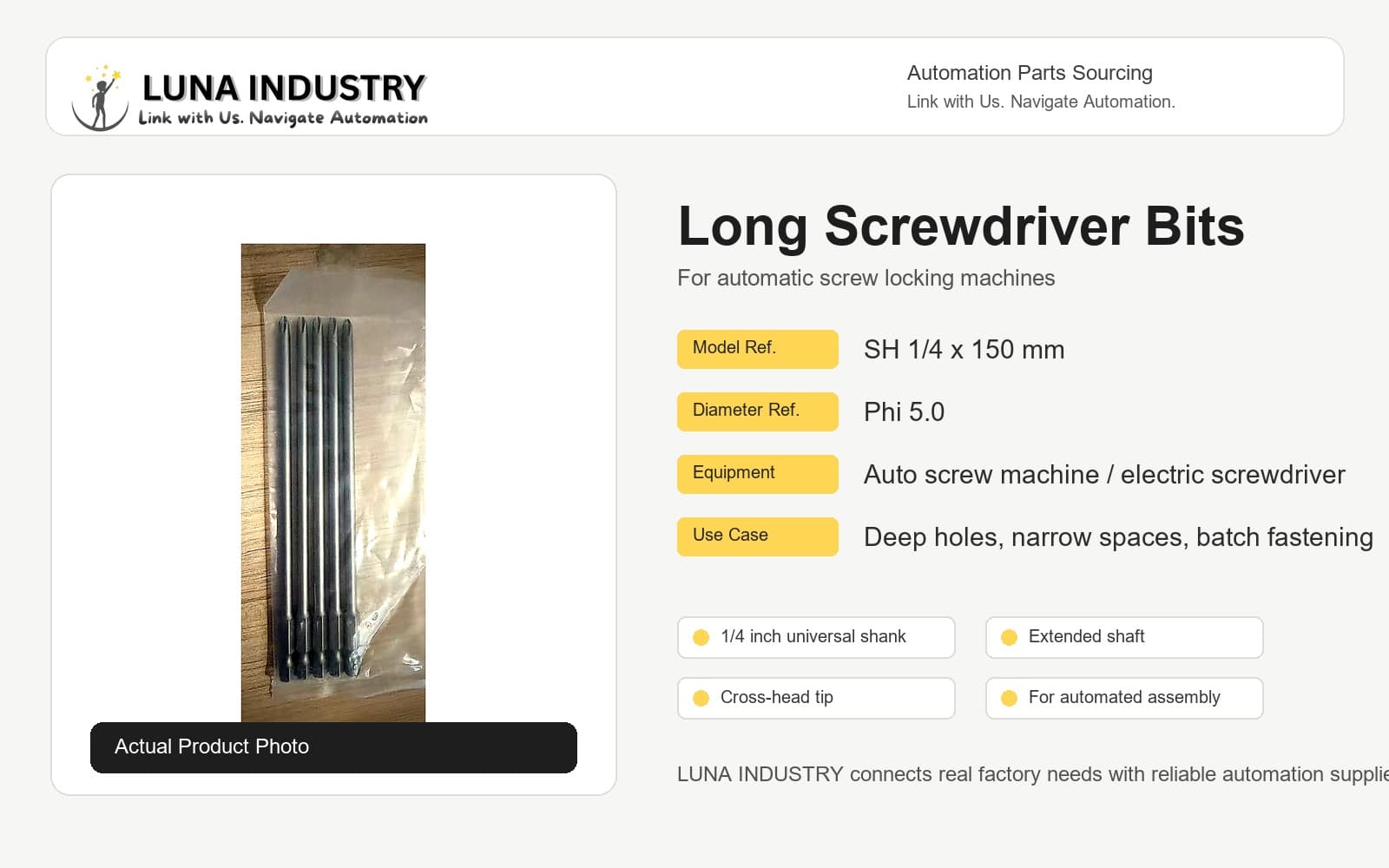 Long Screwdriver Bits for Automatic Screw Locking Machines | SH 1/4 x 150 mm